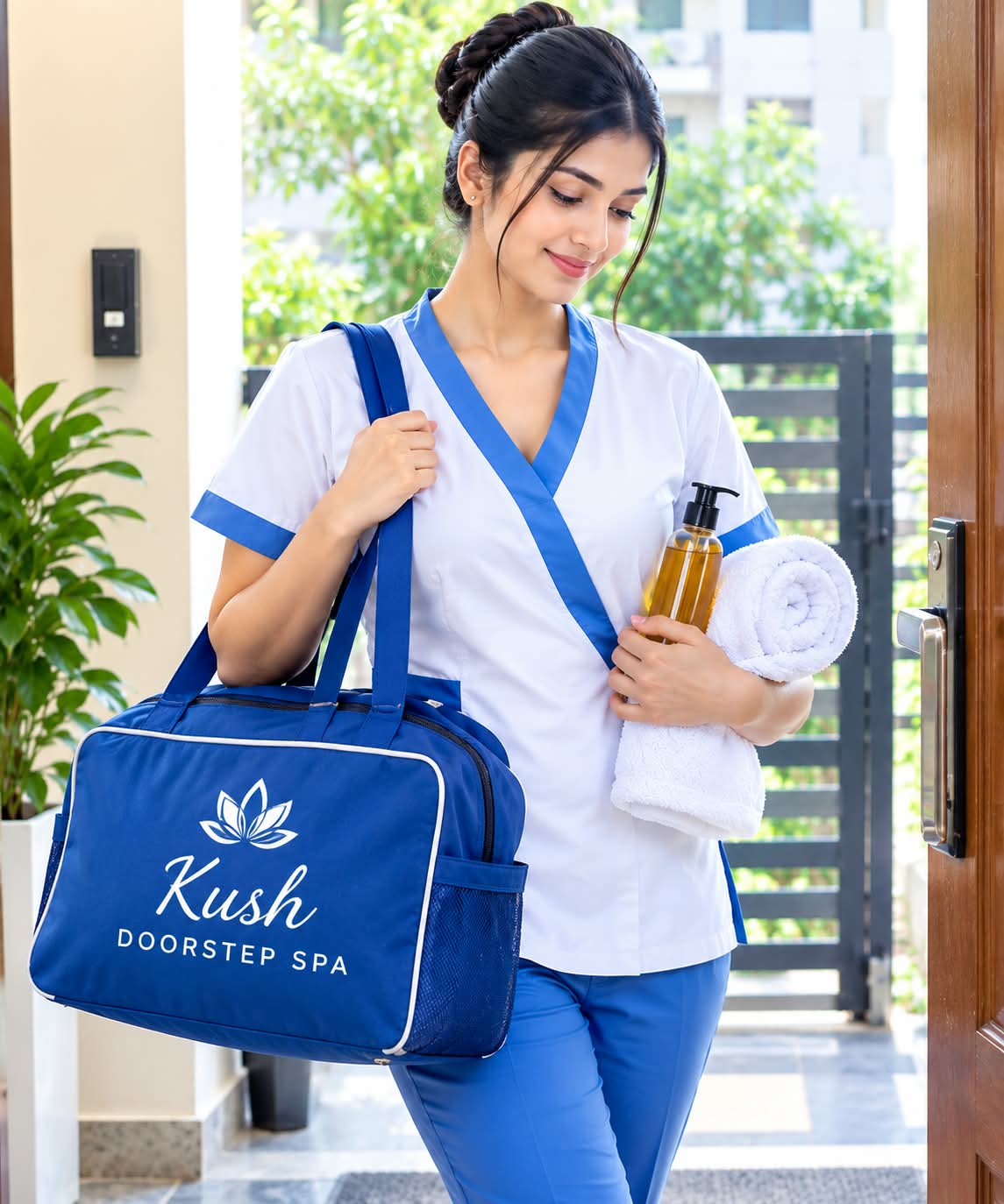 Kushaan Doorstep Spa therapist arriving for doorstep service